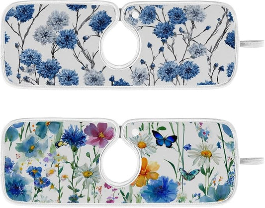 2 PCS Kitchen Sink Splash Guard 14.9 Inch Faucet Mat for Kitchen Sink Bathroom Sink Faucet Absorbing Drip Drain Mat Pad Microfiber Soft Washable Watercolor Blue Cornflower Daisy Butterflies