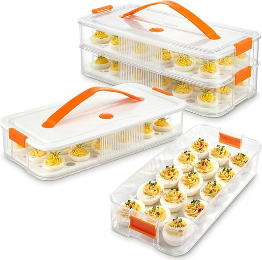 2 Pack Deviled Egg Container with Lid and Handle 2 Layer Deviled Egg Carrier for 60 Reusable Stackable Platter Clear Plastic Storage Tray for Dish Washer Party Home Kitchen Suppies