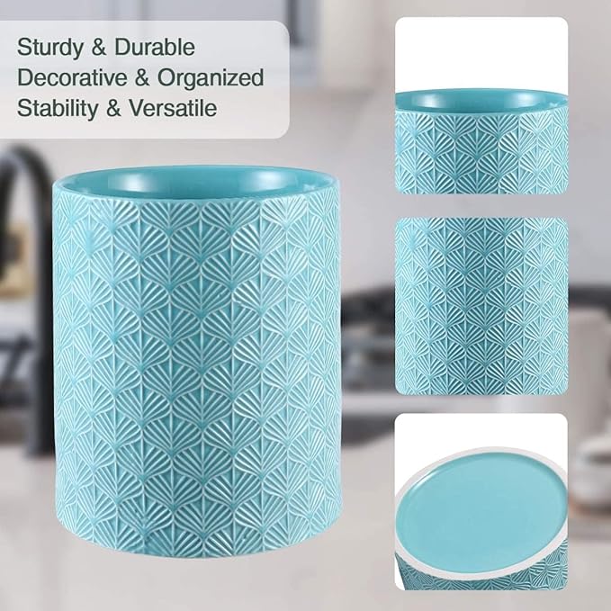 Ceramic Utensils Holder，Extra Large Stable Ceramic Cooking Tool Organizer Set for Kitchen，For Countertop ,Blue