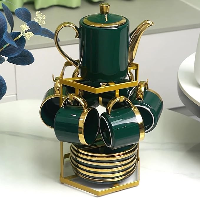 Coffee Mug Holder Countertop,Muted Golden Yellow Metal Coffee Cup Holders for Counter,Warm Dark Gold Mug Stand Rack for Counter Top 6 Hooks(Hexagon,Muted Gold)