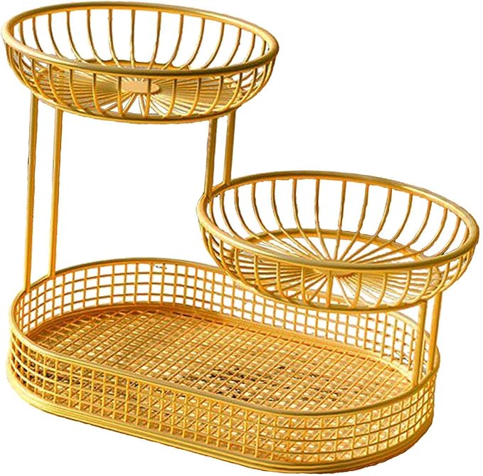 3 Layer Fruit Basket Fruit Holder Space Saver Serving Stand Metal Wire Storage Basket Bread Basket Vegetable Rack for Holdiay, gold