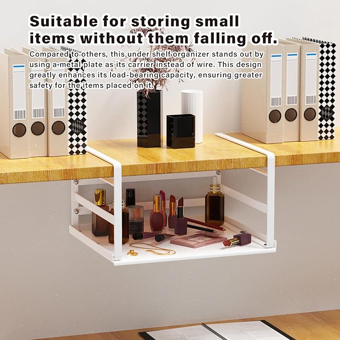 PEKGRIL 2 Pack Under Shelf Basket, White Undershelf Storage Basket, Heavy Duty Slide-in Hanging Storage Basket, Metal Under Cabinet Organizer for Kitchen, Pantry, Desk, Bookshelf, Cabinet, CGSN-BS-2P