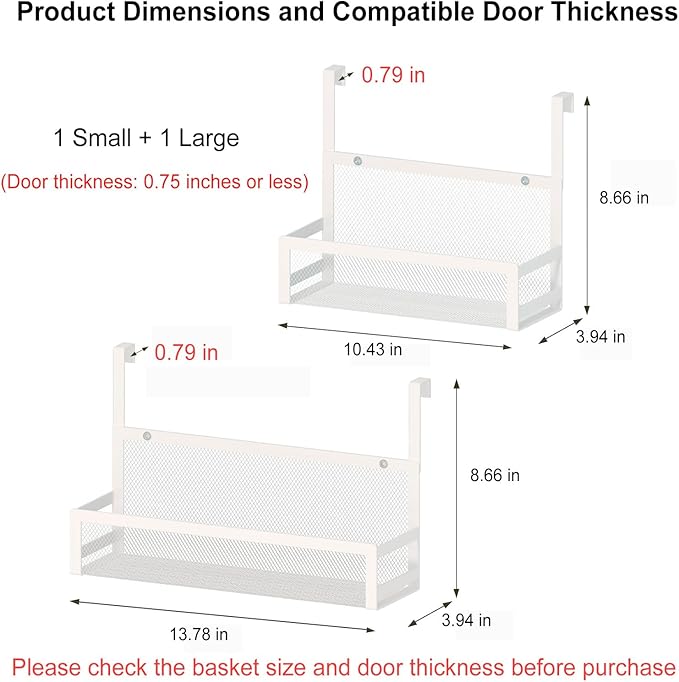 Hanging Desktop Baskets Fine Mesh Wire Storage Basket Over Cabinet Door Organizer No Drilling Required for Kitchen Bathroom Office, 1 Small, 1 Large.