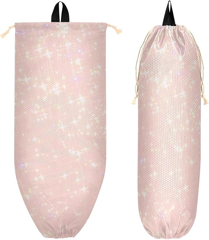 1 PC Plastic Bag Holder Wall Mount Grocery Bag Holder Shopping Bag Trash Bag Storage Organizer Dispenser for Kitchen Closet 22 x 9 Inch Shimmer Pink