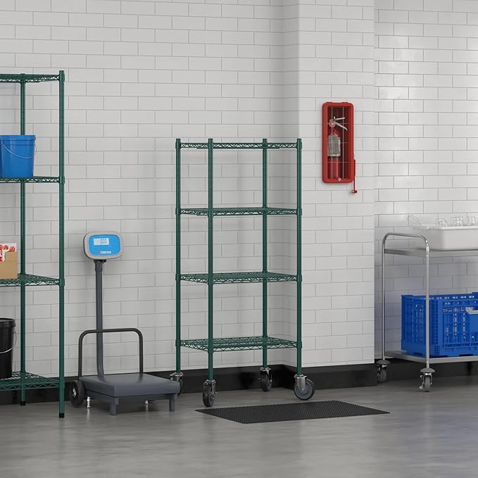 Commercial NSF Listed Green Epoxy Mobile Wire Shelving Kit 18" x 24" x 60", with 4 Shelves Perfect for Warehouse, Walk-in Refrigerator, Freezer, Grocery Store, Restaurant, Dishroom
