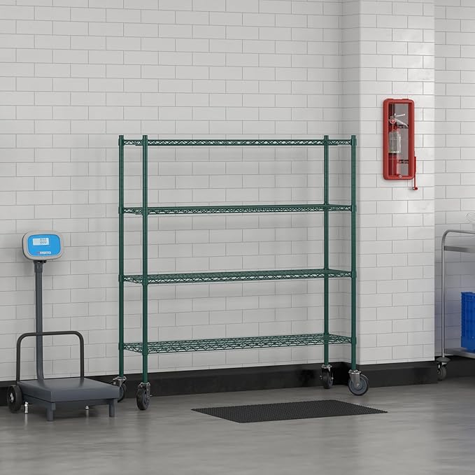 Commercial NSF Listed Green Epoxy Mobile Wire Shelving Kit 14" x 54" x 60", with 4 Shelves Perfect for Warehouse, Walk-in Refrigerator, Freezer, Grocery Store, Restaurant, Dishroom