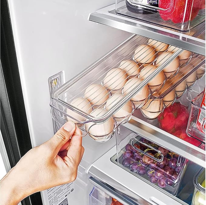 Egg Holder for Fridge with Lid, Egg Containerand for Refrigerator with Front Handle, BPA-Free Clear Plastic 14 Eggs Stackable Tray Storage for Refrigerator. (28 Eggs, Pack of 2)