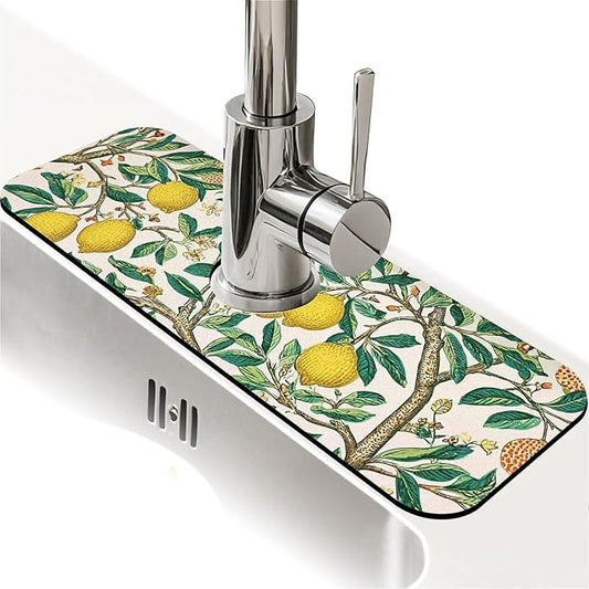Kitchen Sink Splash Guard，Lemon-tree Faucet Mat Sink Gadgets-Super Absorbent Fast Drying Mat Drip Catcher for Kitchen, Bathroom,Sink Mat, Dish Drying Mat, Bathroom(15" X 5.5" )