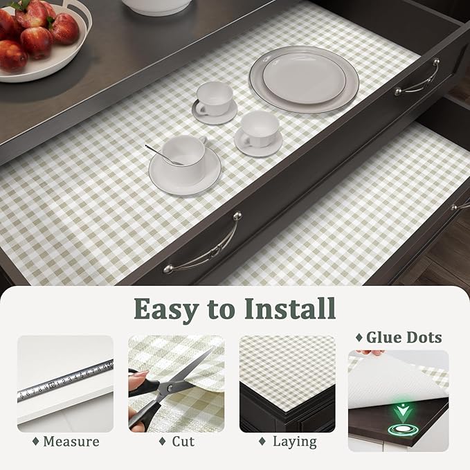 MIAONET Shelf Liner for Kitchen Cabinets 24" x 240" Non-Adhesive Non-Slip Drawer Liners for Dresser, Waterproof Washable Paper, Durable Protector Mat for Pantry Shelves Cupboards, Green Plaid