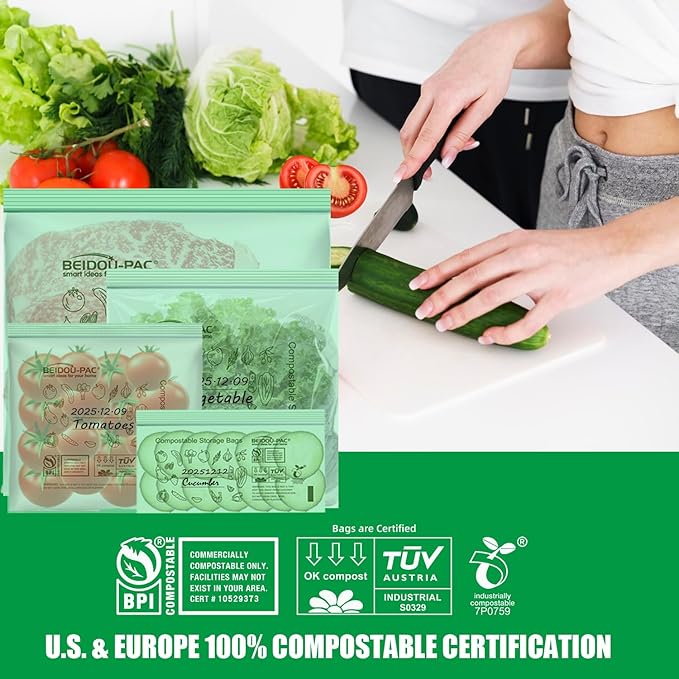 Compostable Gallon Food Storage Freezer Bags, 50 Count | 2 Mil | 10.5" * 10.7", Freshness Easy Open Biodegradable, Eco-Friendly Reclosable Compost Zippper Bags