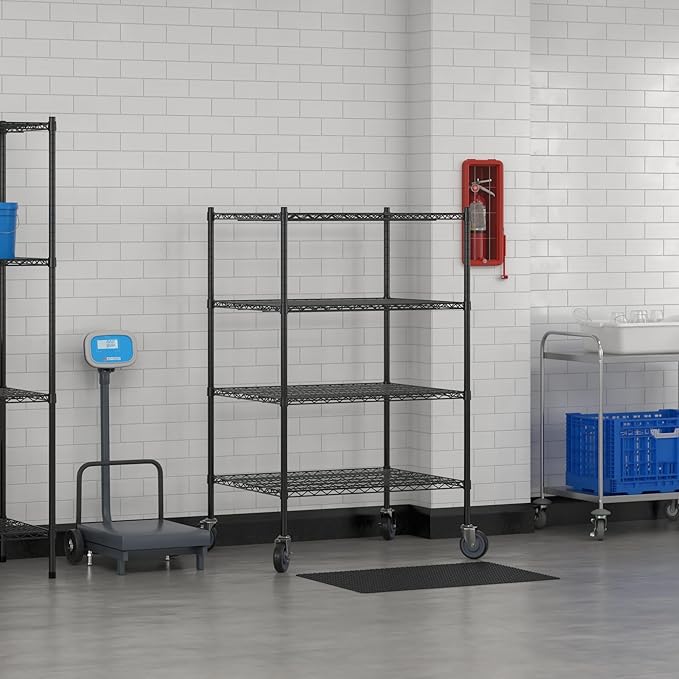 Commercial NSF Listed Black Epoxy Mobile Wire Shelving Kit 30" x 36" x 60", with 4 Shelves Perfect for Warehouse, Walk-in Refrigerator, Freezer, Grocery Store, Restaurant, Dishroom