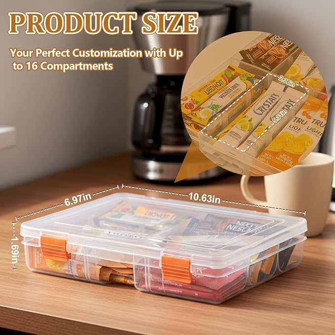 Drink Packet Organizer – Stackable Clear Acrylic Water Flavor Packet Organization with Removable Dividers & Secure Lid for Kitchen, Countertop, Pantry, and Travel (Orange)
