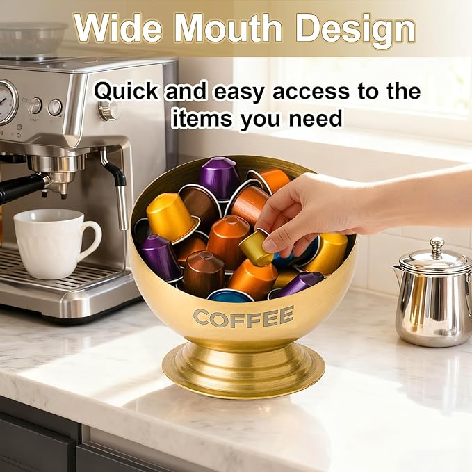 Coffee Pod Holder - Large Capacity Gold Metal Coffee Pod Storage, Coffee Pod Basket, Coffee Bar Organizer for Kitchen and Office Countertop(Gold-7.1in/18cm)