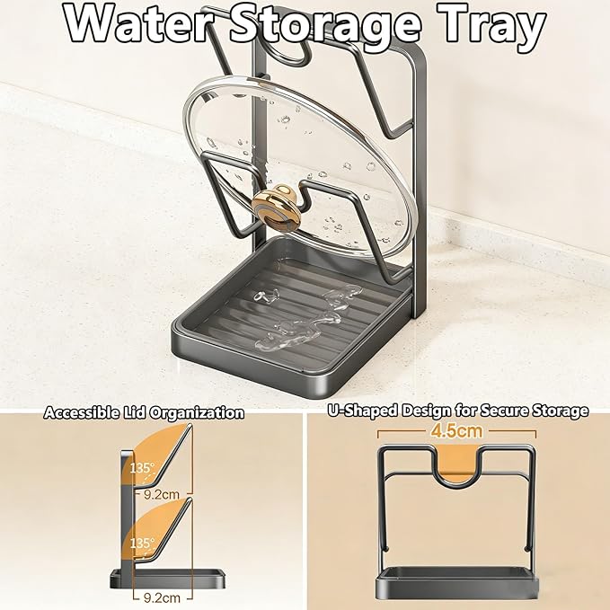 Kitchen Pot Lid Storage Rack, 304 Stainless Steel Pot Lid Holder While Cooking, Lids And Spoon Rest, Cutting Board Holder With Removable Tray, Pots Cover Organizer For Countertop (Gray, Single)