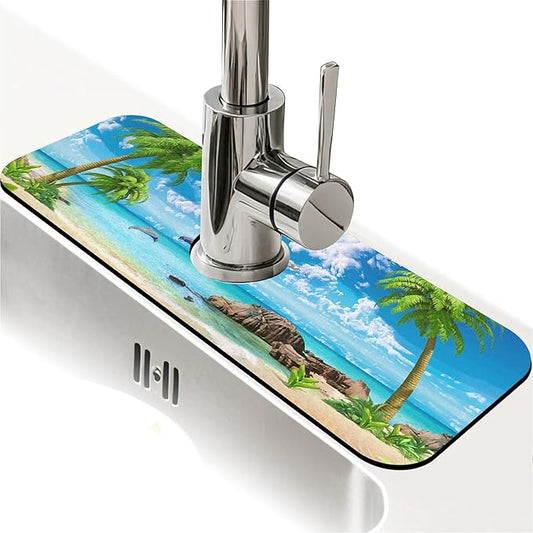 Kitchen Sink Splash Guard，Summer coconut Beach dolphins Faucet Mat Sink Gadgets-Super Absorbent Fast Drying Mat Drip Catcher for Kitchen, Bathroom,Sink Mat, Dish Drying Mat, Bathroom(15" X 5.5" )