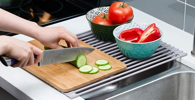 Surpahs Roll-Up Dish Drying Rack, Warm Gray, 20.5" x 13.1", Fits Sinks up to 19.5" Wide, Silicone-Coated Stainless Steel