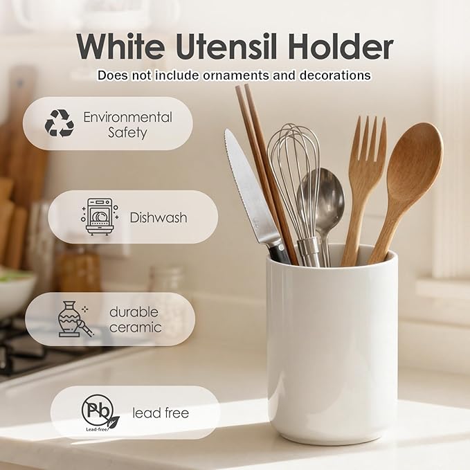 Utensil Holder,Ceramic Utensil Holder for Kitchen Counter,Large Cooking Utensil Crocks for Kitchen Counter Decor,Morden Utensil Organizer,Ceramic Vase,H6.3 xD4.7(Pure White)