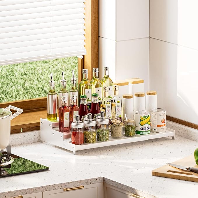 Expandable Carbon Steel Spice Rack Organizer for Pantry, Adjustable 3-Tier Ladder Shelf,Holds Up to 24 Cans,Kitchen Countertop Organizer, Rustproof Storage Rack for Spices, Cans, Sauces & Dry Goods
