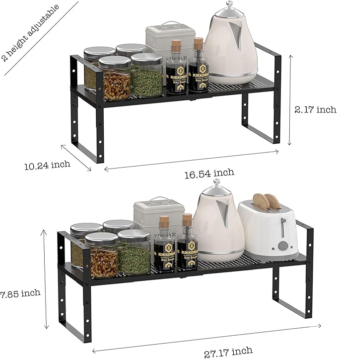Multi-Functional Metal Shoe Rack,Expandable Adjustable Stackable Kitchen Organizer,Metal Shelf risers for cabinets, Kitchens and Closet, Bathroom(2Packs/Black/Medium)