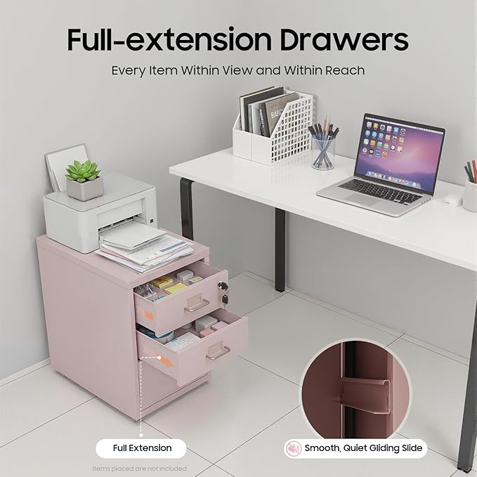 3-Drawer Vertical File Cabinet with Lock and Wheels, Mobile Rolling Storage Organizer for Home Office, Pink Filing Cabinet Under Desk, 11" D x 16" W x 18.3" H