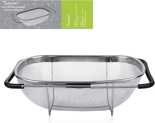 Tiawudi 6-Quart Large Over The Sink Colander, Heavy Duty 40% Thicker 18/8 Stainless Steel Fine Mesh Strainer Basket with Expandable Rubber Grip Handles - Strain, Drain, Rinse Fruits, Vegetables