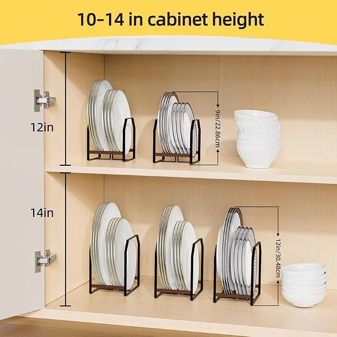2 Pack Kitchen Plate Organizer with Large & Small Holders, Metal Dish Racks for Compact Homes and Cabinets, Black (1 Large + 1 Small)