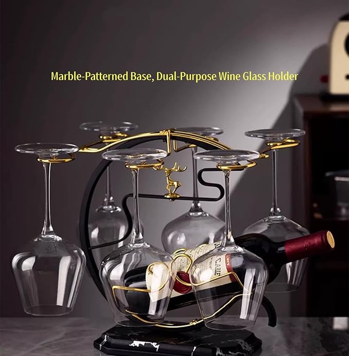 Homya Wine Rack - Under Cabinet Goblet Wine Bottle Holder Glass Storage Rack Metal Storage Rack for Easy Access and Storage of Wine Glasses Fortune Deer Edition 6 Glasses + 1 Bottle，High-end Wine Rack