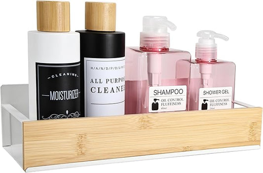 Wall Mount Organizer,Adhesive Metal Shelf with Bamboo Lip,Bathroom Shelves for Wall,Self Adhesive Organizer,Shower Caddies,No Drilling Stick-on Wall Rack,for Bathroom,Kitchen,Living Room (White)