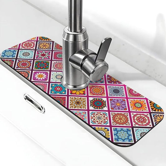 Boho Mandala Bohemian Floral Kitchen Sink Splash Guard Faucet Mat Super Absorbent Fast Drying Mat Sink Gadgets-Fast Drying Pad Sink Mat For Kitchen Bathroom (15" X 5.5" )