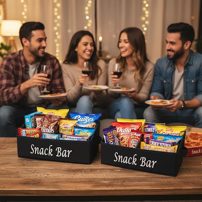 2 Pack Snack Organizer for Countertop, Fabric Snack Basket with Handles, 4 Compartment Snack Box Container, Snack Bar Station Decor, Kitchen Cabinet Pantry Organizer and Storage (Black)