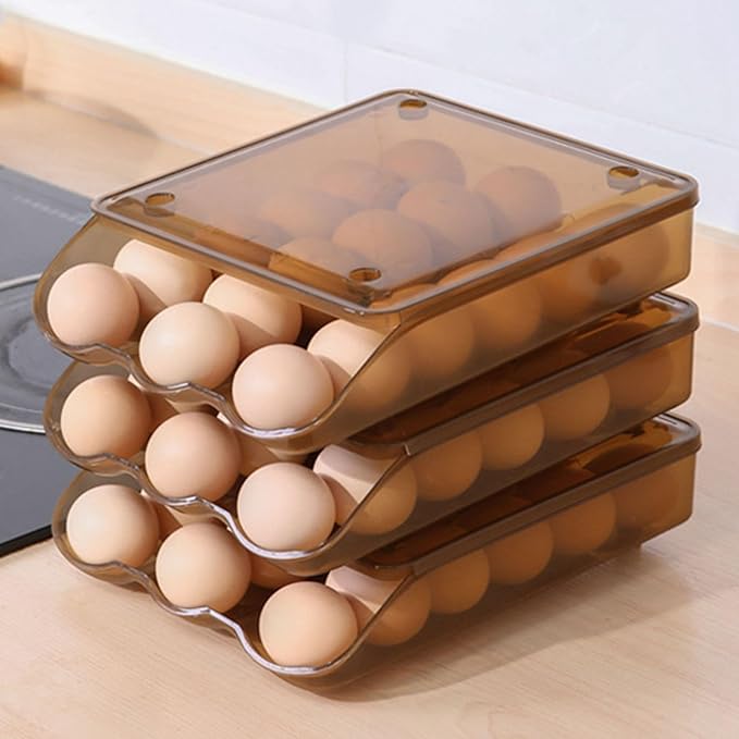3 Tiers Egg Holder Multifunctional Saving Space Drawer Style Automatic Rolling Egg Container for Fridge Plastic Clear 200g