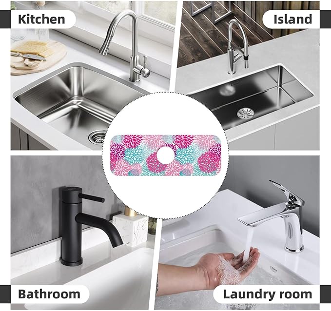 Dahlia Bright Flower 15" X 5.5" Kitchen Sink Splash Guard Faucet Faucet Guard Draining Mat Sink Splash Guard Faucet Kitchen Bathroom