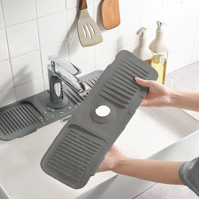 CHIVOLONA Kitchen Sink Splash Guard,Silicone Faucet Handle Drip Catcher Tray,Grey Faucet Mat for Kitchen Sink,Fit Kitchen or Bathroom Sink,5°Slope,17.5” * 5.5”