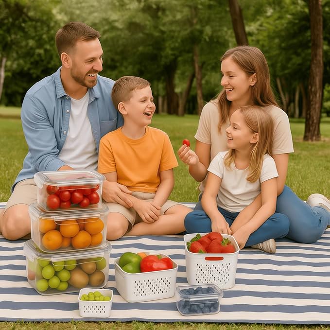 Havnddel 4 Pack Food Storage Containers with Lids – Refrigerator Organizer with Removable Colander & Drain Basket, Airtight Produce Saver for Fruits & Vegetables