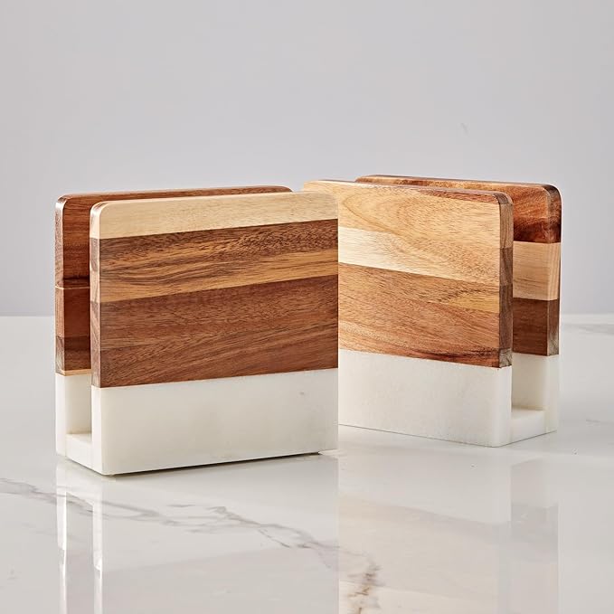 Marble Wood Napkin Holder, Square Heavy Duty Table Standing Tissue Dispenser, Handmade Natural Wood and Marble Tissue Holder, Napkin Dispenser for Home, Kitchen Countertop, Dining Room