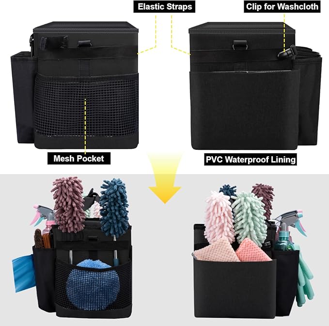 Wigojoy Wearable Large Cleaning Caddy Bag for Housekeeper, Clean Supply Organizer with Adjustable Shoulder, Waist & Handle Straps, Detailing Bag for Kitchen Supplies (Black)