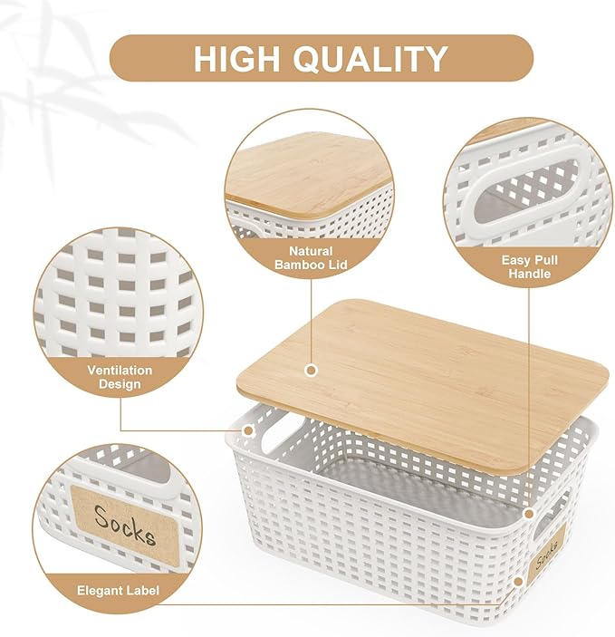 Plastic Storage Bins with Bamboo Lid - Pantry Storage Baskets with Lid - Stackable Container with Lable for Organizing: Small Storage Box for Shelves Office Cabinet Drawer Closet 9x7x4 In - White 6Pcs