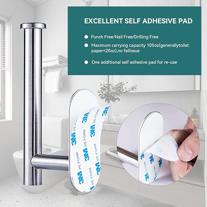 YUET Toilet Roll Holder Self Adhesive Holders Tissue 3M Stand Hanger Bathroom, Kitchen, Washroom Premium Thicken SUS-304 Stainless Steel, No Drilling,Strong Adhesiveness Rustproof (Brushed Silver)