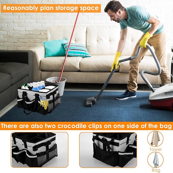 Wearable Cleaning Caddy Bag, Large Cleaning Supplies Organizer with Handle and Adjustable Strap, Kitchen Caddy Storage Bag with 5 Compartments for Housekeepers, Under Sink and Car Cleaning Organizer