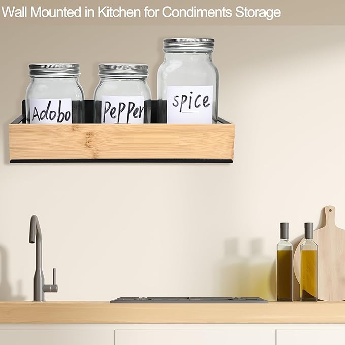 Wall Mount Organizer,Adhesive Metal Shelf with Bamboo Lip,Bathroom Shelves for Wall,Self Adhesive Organizer,Shower Caddies,No Drilling Stick-on Wall Rack,for Bathroom,Kitchen,Living Room (White)