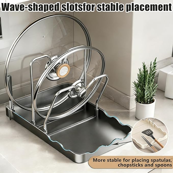 Kitchen Pot Lid Storage Rack, Multifunctional Pot Lid & Cutting Board Holder, Rust-Resistant Carbon Steel, For Cutting Boards, Spoons, Chopsticks (High-grade gray, Double Layer)