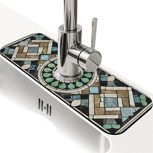 Kitchen Sink Splash Guard，Antique colored tiles Faucet Mat Sink Gadgets-Super Absorbent Fast Drying Mat Drip Catcher for Kitchen, Bathroom,Sink Mat, Dish Drying Mat, Bathroom(15" X 5.5" )