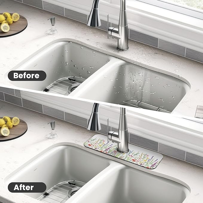 Wildflowers Floral Flower Kitchen Sink Splash Guard Faucet Mat Super Absorbent Fast Drying Mat Sink Gadgets-Fast Drying Pad Sink Mat For Kitchen Bathroom (15" X 5.5" )