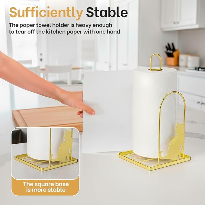 Paper Towel Holder for Countertop, Kitchen Paper Towel Stand with Cat Pattern Decoration，Fit Standard Jumbo Roll in Dining Table or Bathroom, Toilet Paper Dispenser with Heavy Duty Base (Gold)
