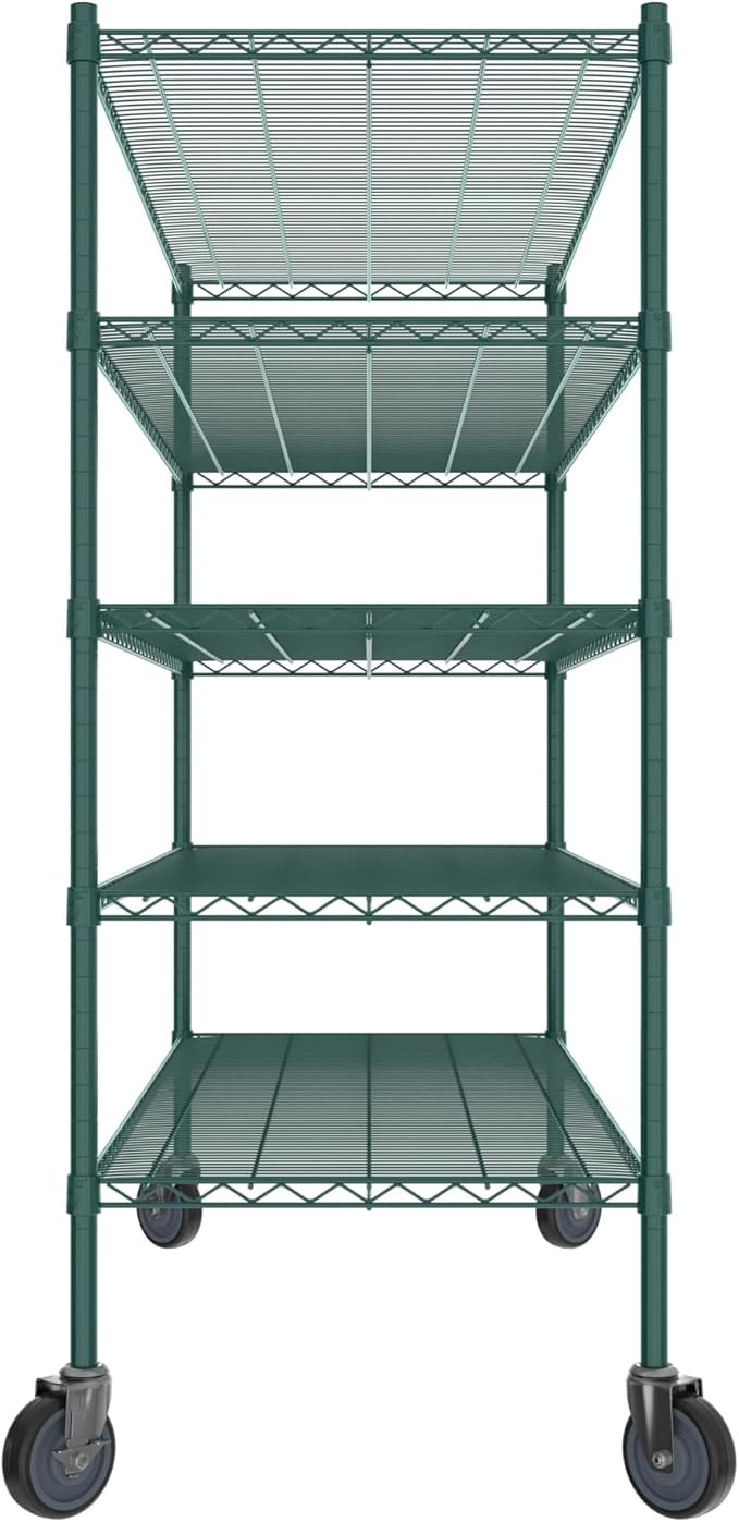 Commercial NSF Listed Green Epoxy Mobile Wire Shelving Kit 24" x 60" x 60", with 5 Shelves Perfect for Warehouse, Walk-in Refrigerator, Freezer, Grocery Store, Restaurant, Dishroom