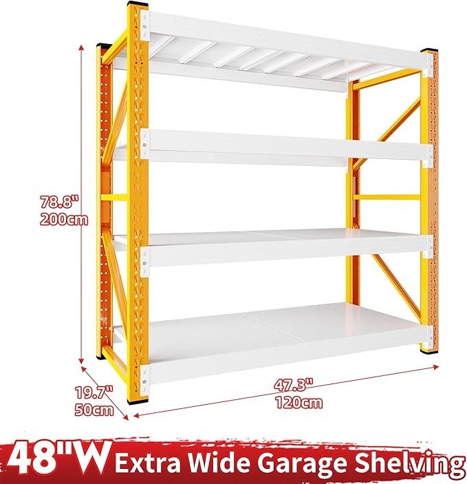 48" W Garage Shelving 3000LBS Garage Shelving Heavy Duty 4-Tier Metal Storage Shelves Adjustable Shelf Unit Storage Rack for Basement Supermarket Warehouse 48" W x 20" D x 78" H Orange-White