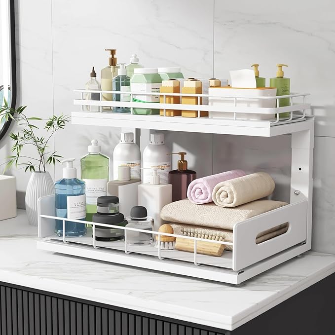 2 Pack 16.7 IN Depth Under Sink Organizer with Smooth Ball Bearing Slides,2-Tier Pull Out Cabinet Storage,Slide Out Drawers for Bathroom&Kitchen,Rust-resistant Coating,Height Adjustable-White