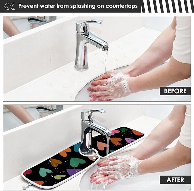 2 PCS Kitchen Sink Splash Guard 30 Inch Faucet Mat for Kitchen Sink Bathroom Sink Faucet Absorbing Drip Drain Mat Pad Microfiber Soft Washable Valentine Purple Colorful Hearts