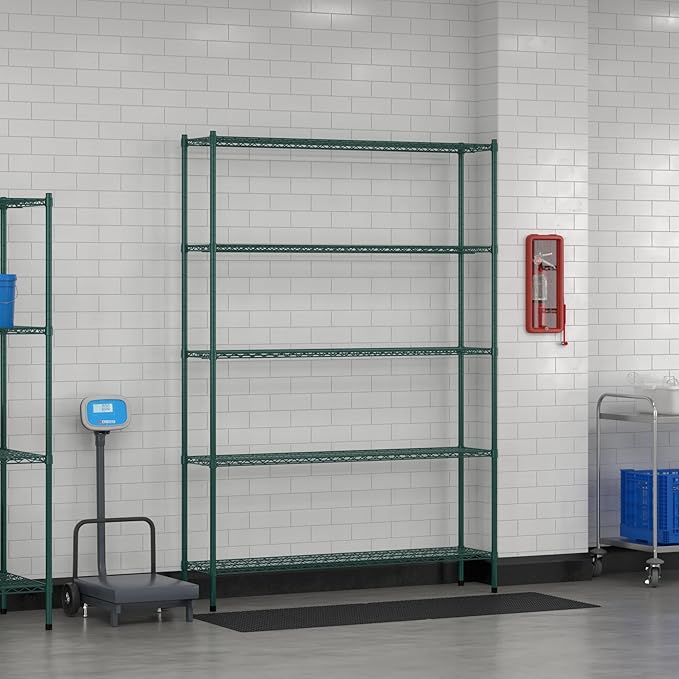Commercial NSF Listed Green Epoxy Stationary Wire Shelving Kit 14" x 60" x 86", with 5 Shelves Perfect for Warehouse, Walk-in Refrigerator, Freezer, Grocery Store, Restaurant, Dishroom