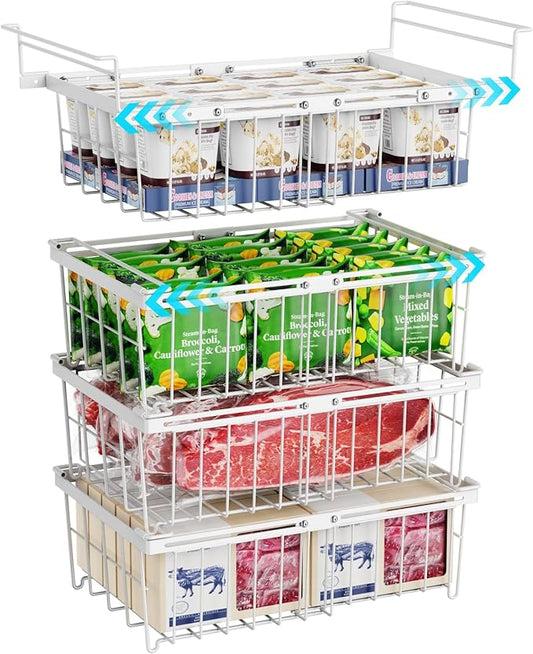 iSPECLE Freezer Organizer Bins - 4 Pack Large Extendable Deep Freezer Organizer Bins for 10 to 20 Cu.Ft, Include 1 Hanging Basket & 3 Stackable Bins, White